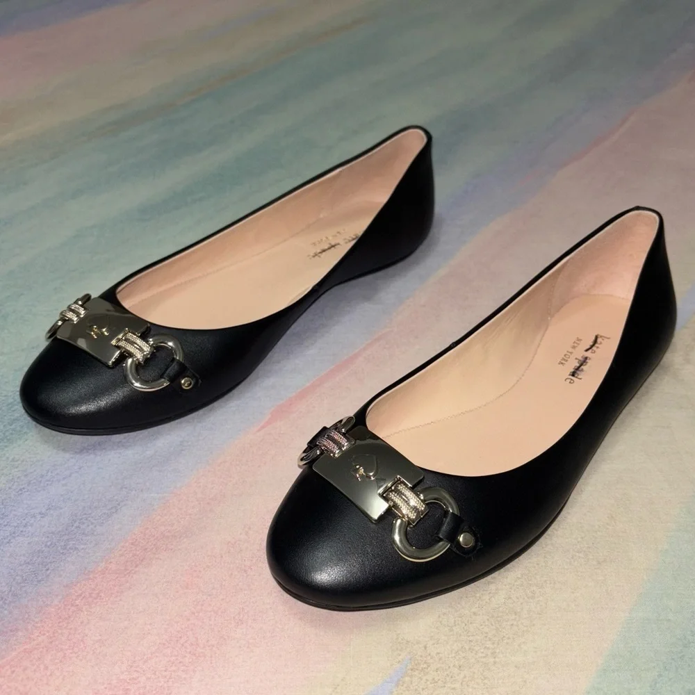 Kate Spade Payton Leather Black and Silver Slip on Flats size 7 B
